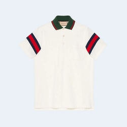 구찌 웹 코튼 그린 카라 저지 폴로 셔츠 화이트
