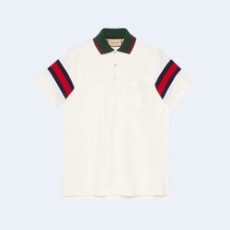 구찌 웹 코튼 그린 카라 저지 폴로 셔츠 화이트