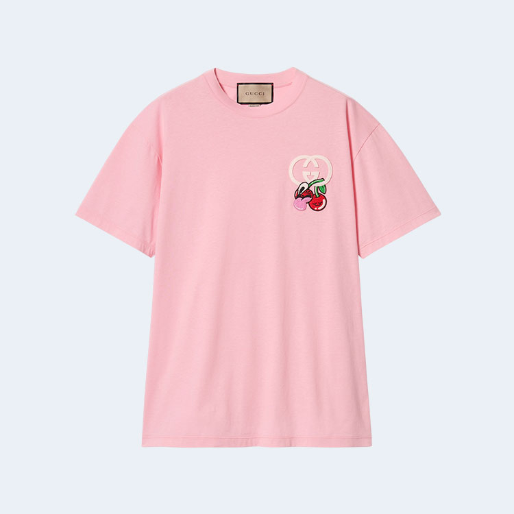 구찌 코튼 저지 체리 패치 티셔츠 핑크