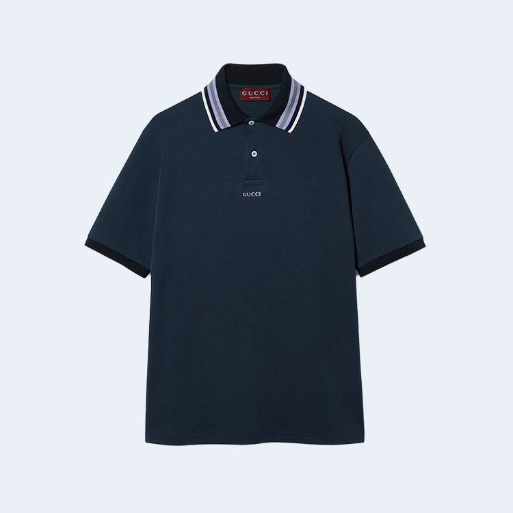 구찌 자수 코튼 폴로 셔츠 네이비