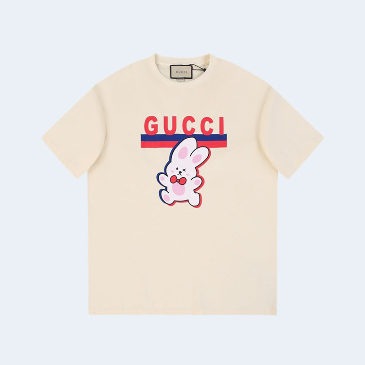 구찌 웹 레빗 코튼 로고 티셔츠 아이보리