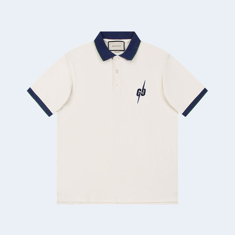 구찌 라이트닝 볼트 자수 폴로 셔츠 화이트