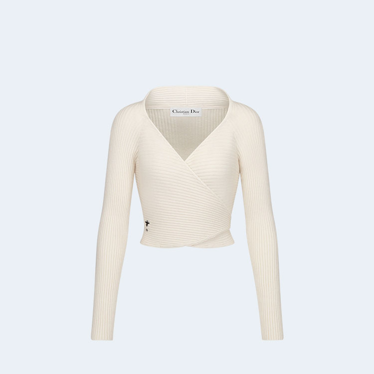 디올 랩-오버 화이트 울 니트 스웨터