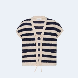 디올 마리니에르 반소매 가디건 네이비 화이트 코튼 니트