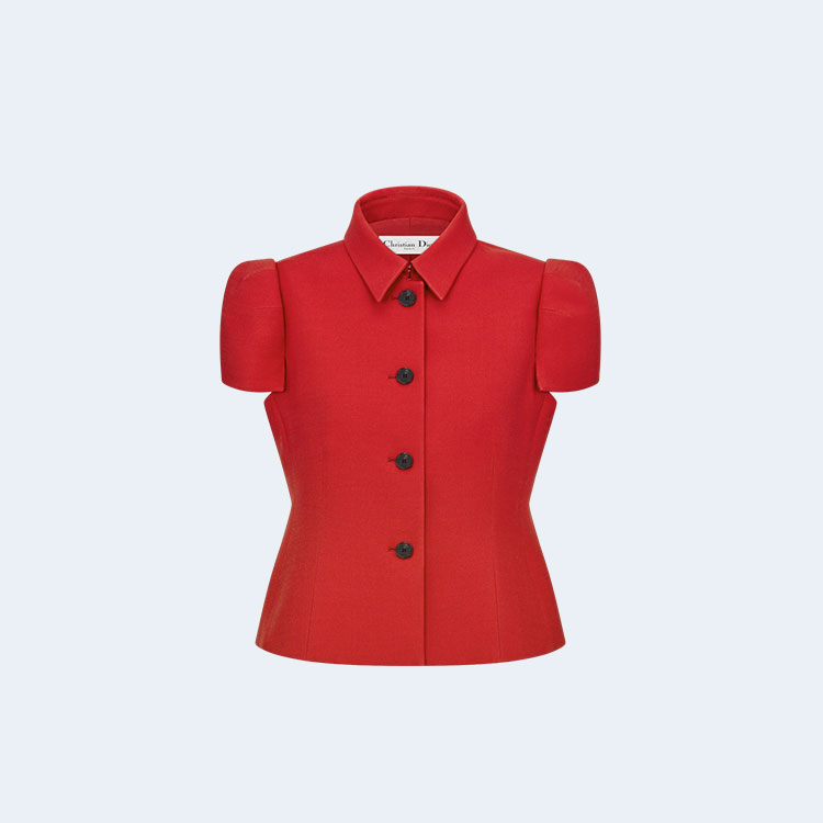 디올 피티드 반소매 울 실크 레드 자켓