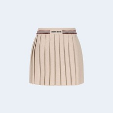 미우미우 내추럴 로고 자수 플리츠 미니스커트