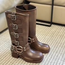 미우미우 룩 가죽 부티 롱부츠 브라운