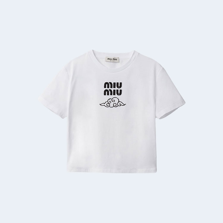 미우미우 클라우드 로고 자수 티셔츠 화이트