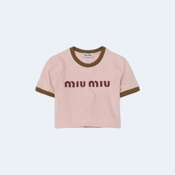 미우미우 핑크 & 카키 크롭 로고 티셔츠