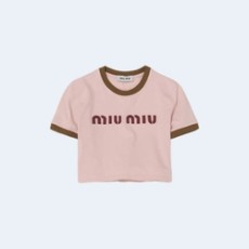 미우미우 핑크 & 카키 크롭 로고 티셔츠