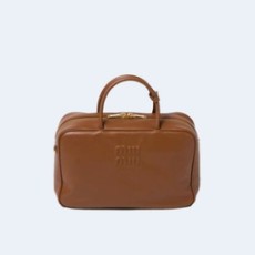 미우미우 가죽 스트랩 탑 핸들백 브라운