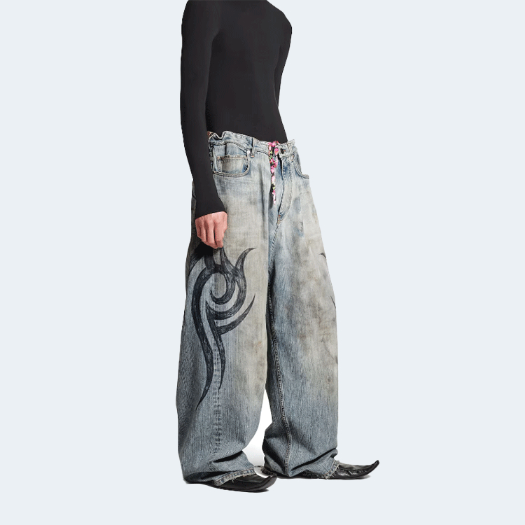 발렌시아가 남성 Y2k 스트레치드 니 배기 팬츠 라이트 블루