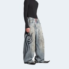 발렌시아가 남성 Y2k 스트레치드 니 배기 팬츠 라이트 블루