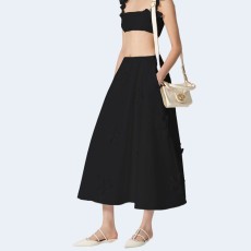 발렌티노 컴팩트 포플린 자수 미디 스커트 블랙