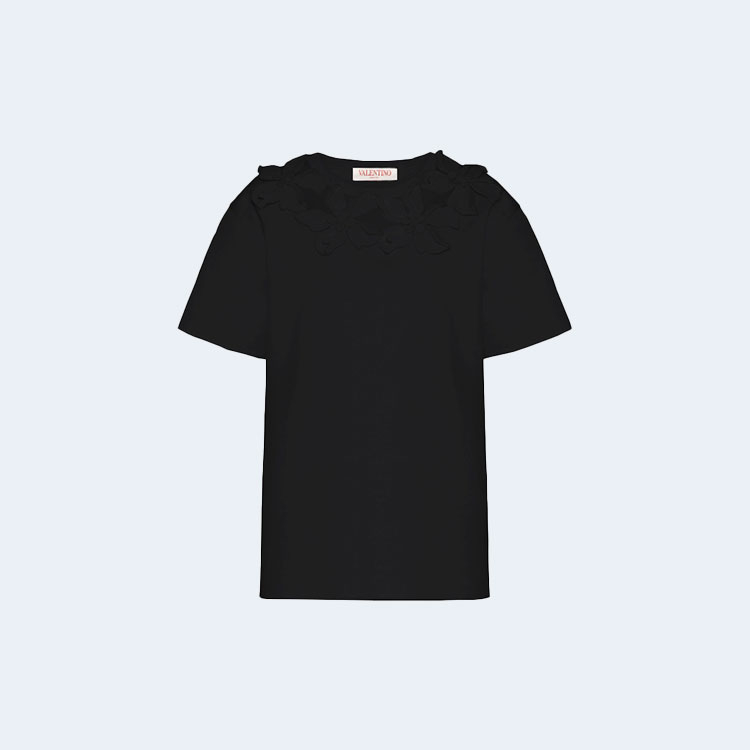 발렌티노 자수 코튼 저지 티셔츠 블랙