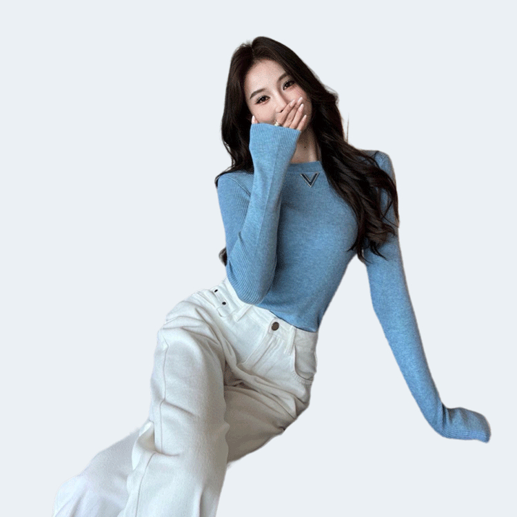 발렌티노 로고 골지 티셔츠 블루