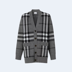 버버리 체크 울 캐시미어 자카드 오버사이즈 가디건 미드 그레이