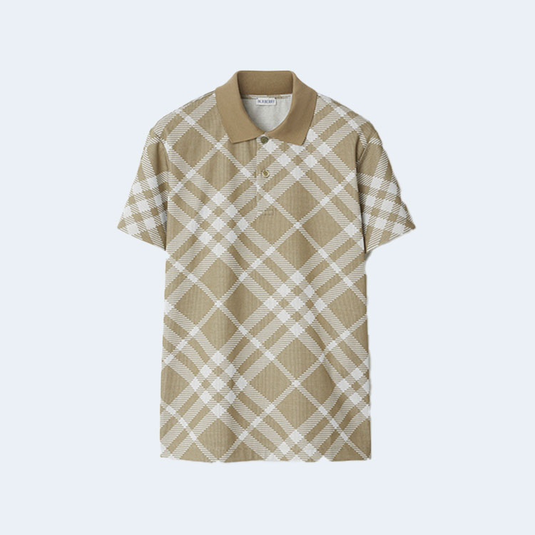 버버리 체크 스트레치 코튼 블렌드 폴로 셔츠 카키