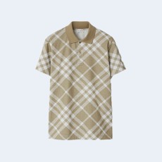 버버리 체크 스트레치 코튼 블렌드 폴로 셔츠 카키