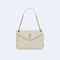 생로랑 PUFFER 레더 라지 숄더백 화이트 골드