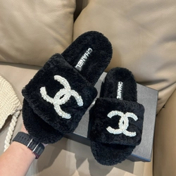 샤넬 CC 시어링 뮬 슬리퍼 블랙