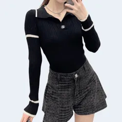 샤넬 브이넥 로고 골지 니트 블랙