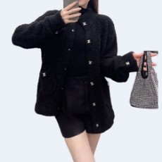 샤넬 라펠 포켓 울 니트 가디건 블랙