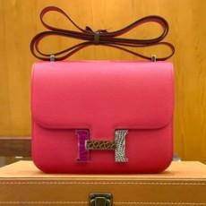 에르메스 콘스탄스 18 핑크 앱송 에나멜 인레이 버클 팔라듐 하드웨어 (100% HAND MADE)