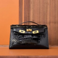 에르메스 켈리 포쉐트 크로커다일 블랙 골드 하드웨어 (100% HAND MADE)