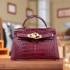 에르메스 미니 켈리 2 셀리에 엘리게이터 보르도 골드 하드웨어 (100% HAND MADE)