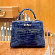 에르메스 켈리 25 셀리에 크로커다일 사파이어 블루 팔라듐 하드웨어 (100% HAND MADE)