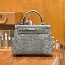 에르메스 켈리 25 셀리에 엘리게이터 크리스탈 그레이 팔라듐 하드웨어 (100% HAND MADE)