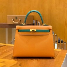 에르메스 켈리 25 셀리에 클래식 오렌지 & 말라 카이트 그린 골드 하드웨어 (100% HAND MADE)