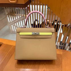 에르메스 켈리 25 셀리에 트리컬러 (라임/차이/모브) 실버 하드웨어 (100% HAND MADE)