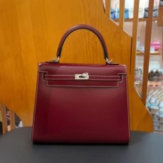 에르메스 켈리 25 셀리에 박스 브리드 레드 실버 하드웨어 (100% HAND MADE)