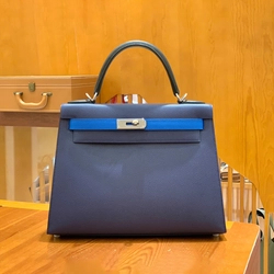 에르메스 켈리 28 셀리에 사파이어블루 트리컬러 (사파이어블루/블랙/이즈미르블루) 실버 하드웨어 (100% HAND MADE)