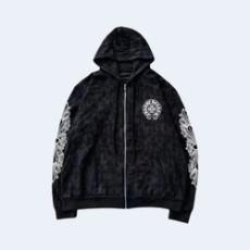 크롬하츠 블랙 토널 모노그램 스크롬 말굽 로고 집업 후디