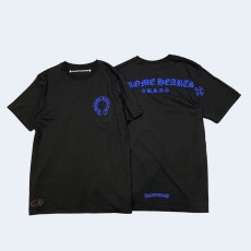 크롬하츠 산스크리트 홀스슈 십자 프린트 블루 레터 티셔츠