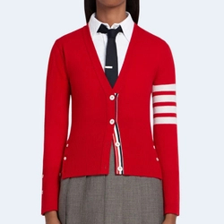 톰브라운 레드 캐시미어 4-바 브이넥 카디건