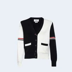 톰브라운 RWB 스트라이프 코튼 밀라노 스티치 브이넥 가디건 화이트