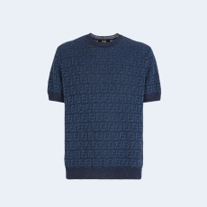 펜디 블루 FF 코튼 리넨 반팔 스웨터